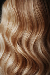 Fototapeta premium Blonde Hair, Close-up of long, styled blonde hair featuring shiny, wavy curls, showcasing hair coloring and extension techniques