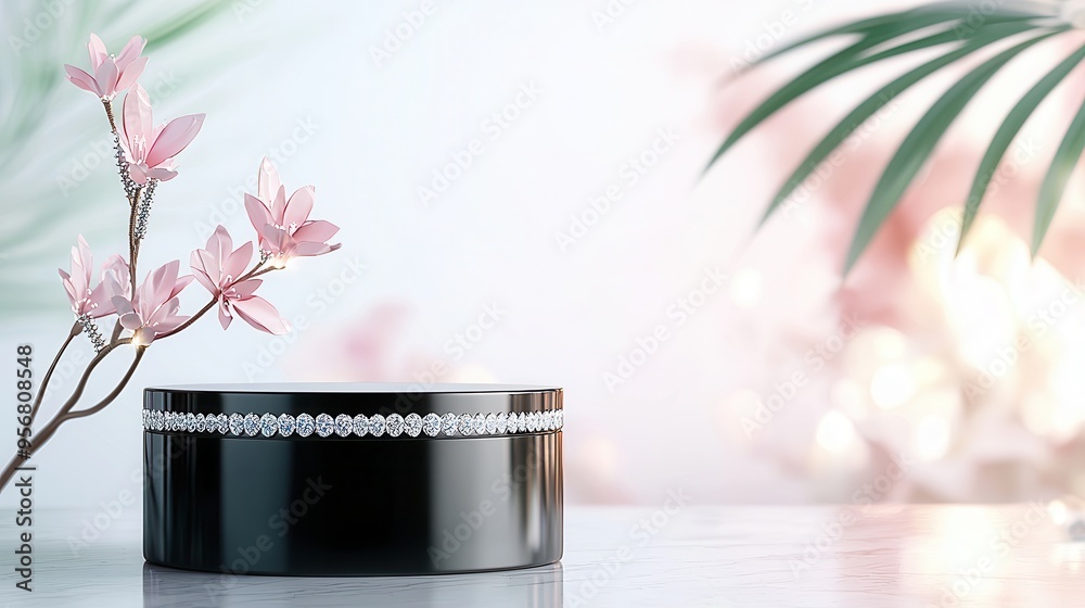 Wall mural Black Cylinder Podium with Pink Flowers and Bokeh Background.