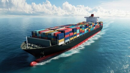 Fototapeta premium Cargo ship on the open ocean, fully loaded with containers for global shipping. Represents international logistics and ocean freight services.