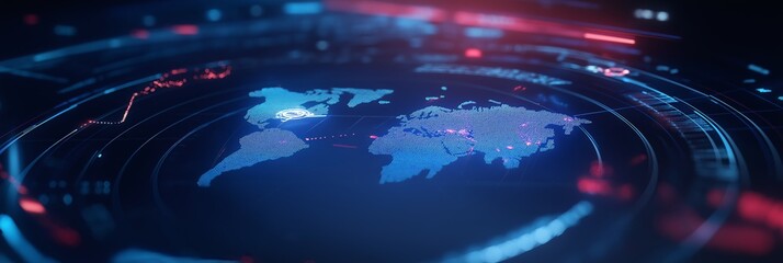Abstract digital visualization of a world map with glowing lines and dots, representing global connectivity.