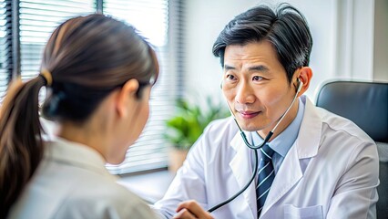 A compassionate Asian doctor, stethoscope in hand, listens attentively to a concerned patient during a thorough medical consultation in a modern clinic setting.