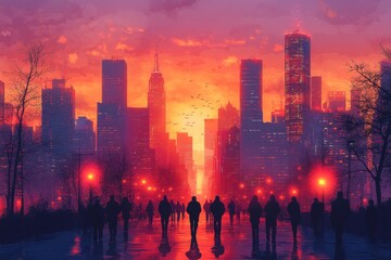 A cityscape at sunset, with tall buildings. Generative AI