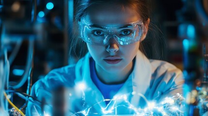 Young scientist conducts experiments in a laboratory with glowing elements