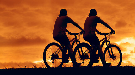 Obraz premium 2 two male silhouette of Mountain biker looking at the sunset. couple of mens rides on mountain, hill bike trail. pair of guys on mountain bike adventure against sunset sky. unrecognizable persons.