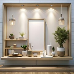 Minimalist home decor with a blank frame. wooden shelves. and natural elements.