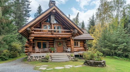 Fototapeta premium Charming log chalet set in a quiet forest, blending rustic warmth with the serenity of nature.