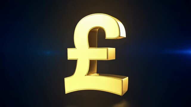 shining golden British pound currency symbol (£) set against a dark background with a subtle blue light effect
