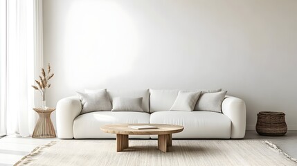 Fototapeta premium Sleek and Minimalist Living Room Design with a White Sofa Simple Coffee Table and Neutral Toned Rug Providing Ample Space for Overlay Text and Branding