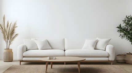 Minimalist Living Room Interior Design with Sleek White Sofa Simple Coffee Table and Neutral Toned Rug Providing Ample Space for Overlay Text or Graphic Elements