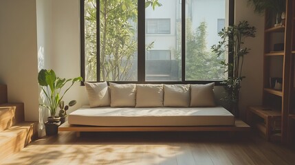 Fototapeta premium Minimalist and Serene Living Room Interior with Large Window Low Profile Couch and Decorative Houseplants Leaving Ample Space