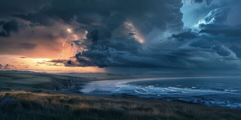 Fototapeta premium Lightning storm over a coastal landscape, showcasing natural electricity and weather phenomena