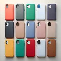 A colorful array of 15 phone cases arranged in a grid. showcasing various materials and designs.