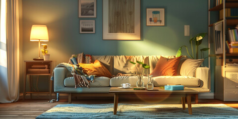 Modern living room interior design with green sofa orange chairs and black and white background 