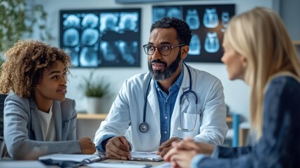 Fototapeta premium A doctor reviews scans with a patient and their family, explaining medical details in a calm, reassuring manner, highlighting empathy and professionalism