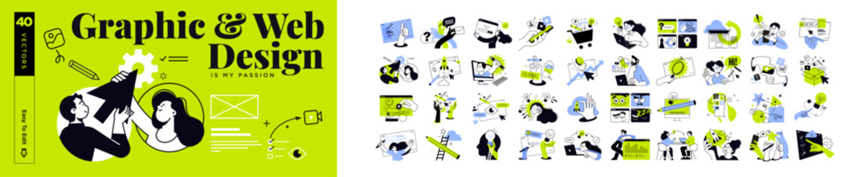 Graphic and web design concept illustrations. Vector illustrations of creative idea, web and app design and development, seo, graphic design, startup, project launch, social media, content management.