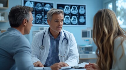 A doctor reviews scans with a patient and their family, explaining medical details in a calm, reassuring manner, highlighting empathy and professionalism