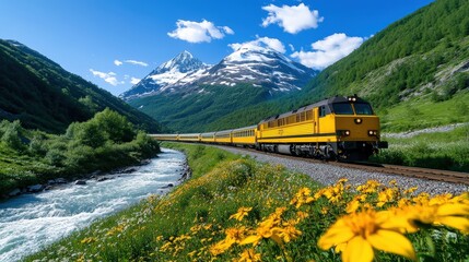 stunning panorama of a mountain landscape with a river a train and blooming flowers taken 
