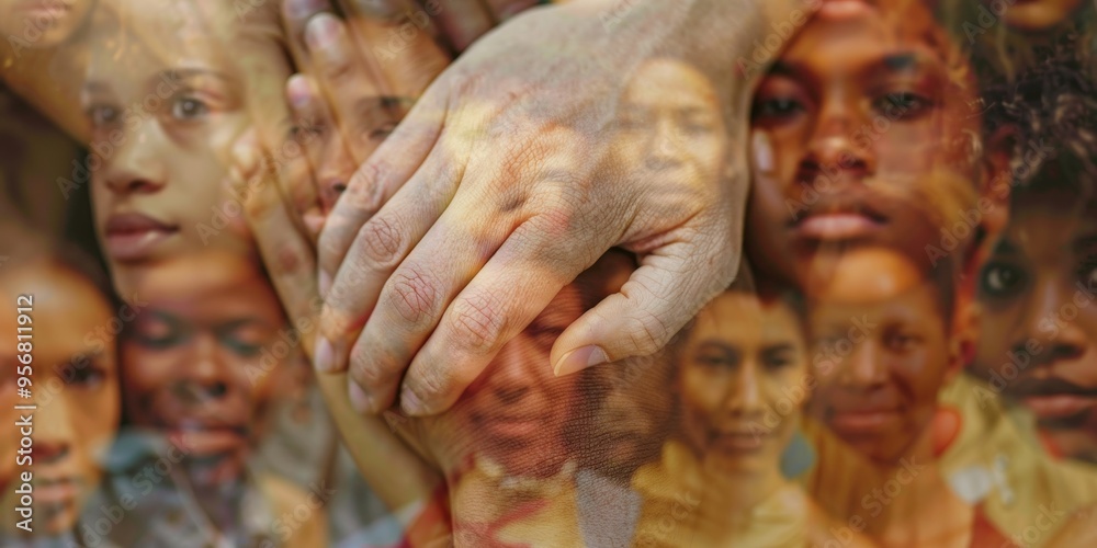 Poster A close-up of intertwined hands symbolizing unity and support, against a blurred background of diverse faces