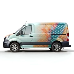 A vibrant teal van with a colorful. abstract American flag design on the side. perfect for representing patriotism. freedom. or travel.