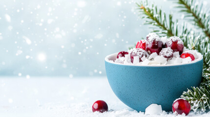 Snowy bowl of fresh cranberries and coconut flakes with pine branches in a winter setting