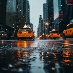 Rainy city street with yellow taxis driving through puddles.