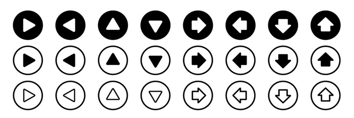 円形のシンプルなフレームに入った四方向の矢印アイコンセット