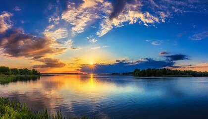 Sunset sunrise summer landscape. beautiful nature. blue sky, amazing colorful clouds. natural background, background for relax