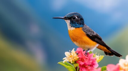 Fototapeta premium a bird perched on a flower with majestic mountains and a river in the background