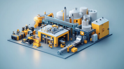 Lean Manufacturing,  A 3D visualization of a lean manufacturing process featuring efficiency indicators to enhance productivity and optimize workflows