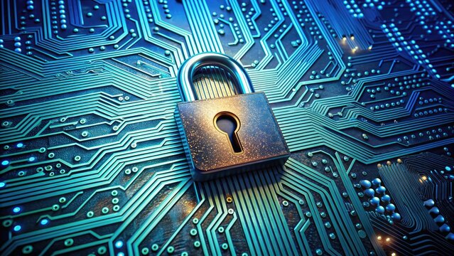 A digital lock on a circuit board, surrounded by cryptic code and binary data, symbolizes robust security measures for protected online information and data privacy.