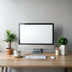 Clean and modern home office workspace with a computer. keyboard. mouse. and a cup of coffee.