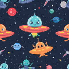 Naklejka premium Adorable alien characters in spaceships, surrounded by planets, stars, and cosmic elements on a dark background. Concept of outer space adventures