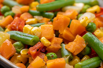 Mexican Mix of Vegetables. Tomatoes, Green Beans, Peas, Corn. Dietary Food.Bright vegetable mix .Vegetarian food.Assorted.