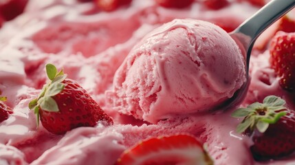 A close-up of pink strawberry ice cream with fresh strawberries, highlighting a delicious dessert experience.