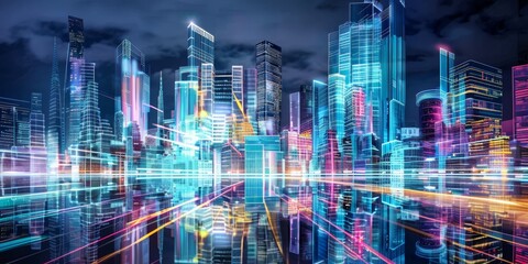A futuristic cityscape with glowing skyscrapers and advanced transportation systems