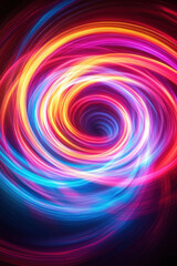 Neon Swirl Effect,  A bright, colorful swirl of neon lights creates a lively and energetic visual effect against a dark background, enhancing any creative project
