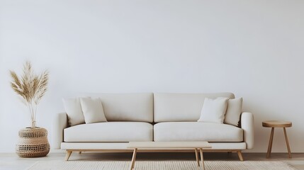 Peaceful and Refined Minimalist Living Space with Light Gray Sofa Low Coffee Table and Subtle Decor Elements