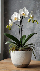 Fresh white orchid flower on the table isolated on the wall background, houseplant decoration
