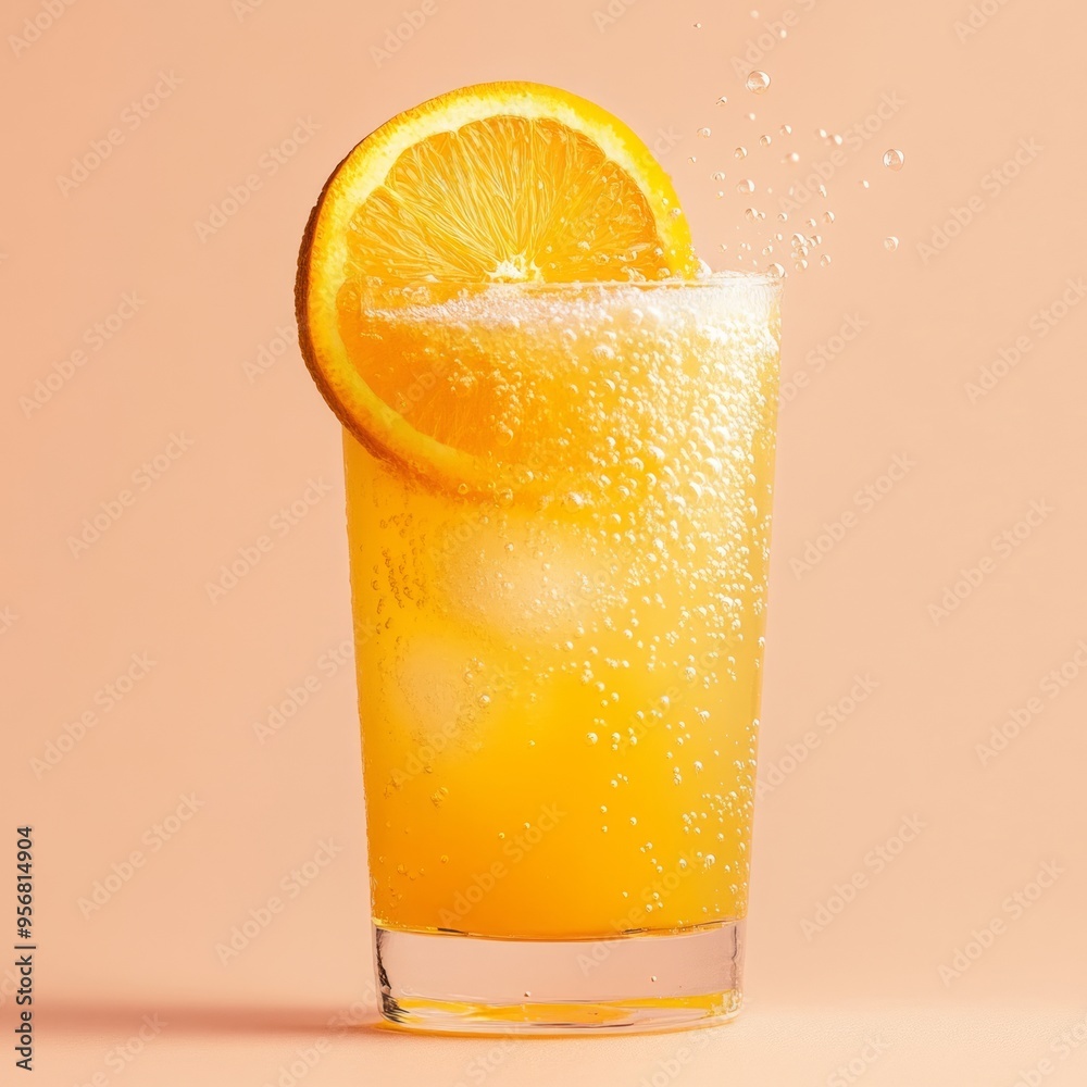 Poster Refreshing orange drink with ice and orange slice garnish.