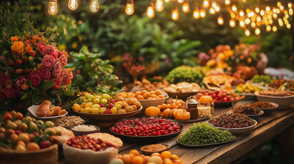 Lively World Food Day party in a garden setting, friends and family sharing international cuisines, tables adorned with fruits and flowers