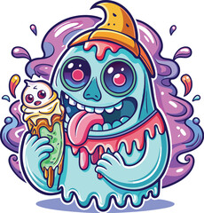 Cute Cartoon Ghost Eating Ice isolated | with a Sunglass & Christmas hat and siting on Easter egg etc