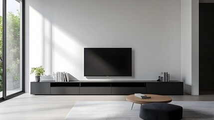 Minimalist living room showcasing a modern entertainment center with clean lines and a minimalist aesthetic providing a peaceful and functional space for media and relaxation