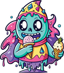 Cute Cartoon Ghost Eating Ice isolated | with a Sunglass & Christmas hat and siting on Easter egg etc