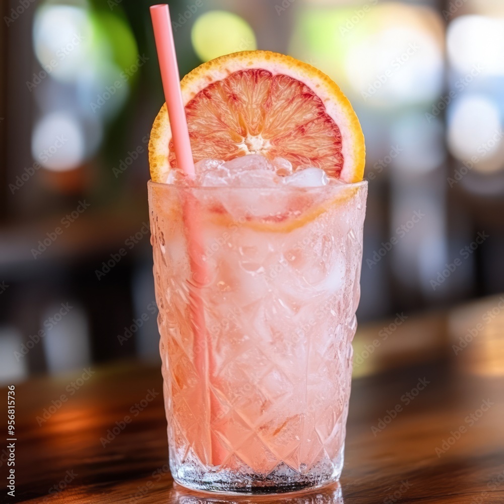 Canvas Prints Refreshing pink cocktail with an orange slice and a pink straw in a tall glass on a wooden counter.