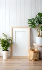 A clean. minimalist mockup featuring a white frame. a woven basket. and green plants.