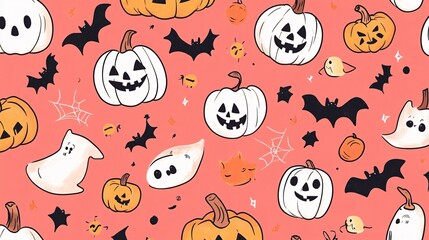 Obraz premium Halloween Seamless Pattern with Pumpkins Bats and Ghosts