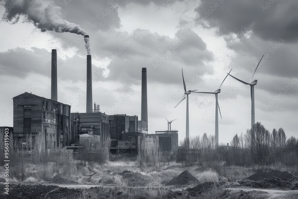 Aufkleber Wind turbines stand tall next to former coal mines and old factories, highlighting the move towards sustainable energy practices. Generative AI