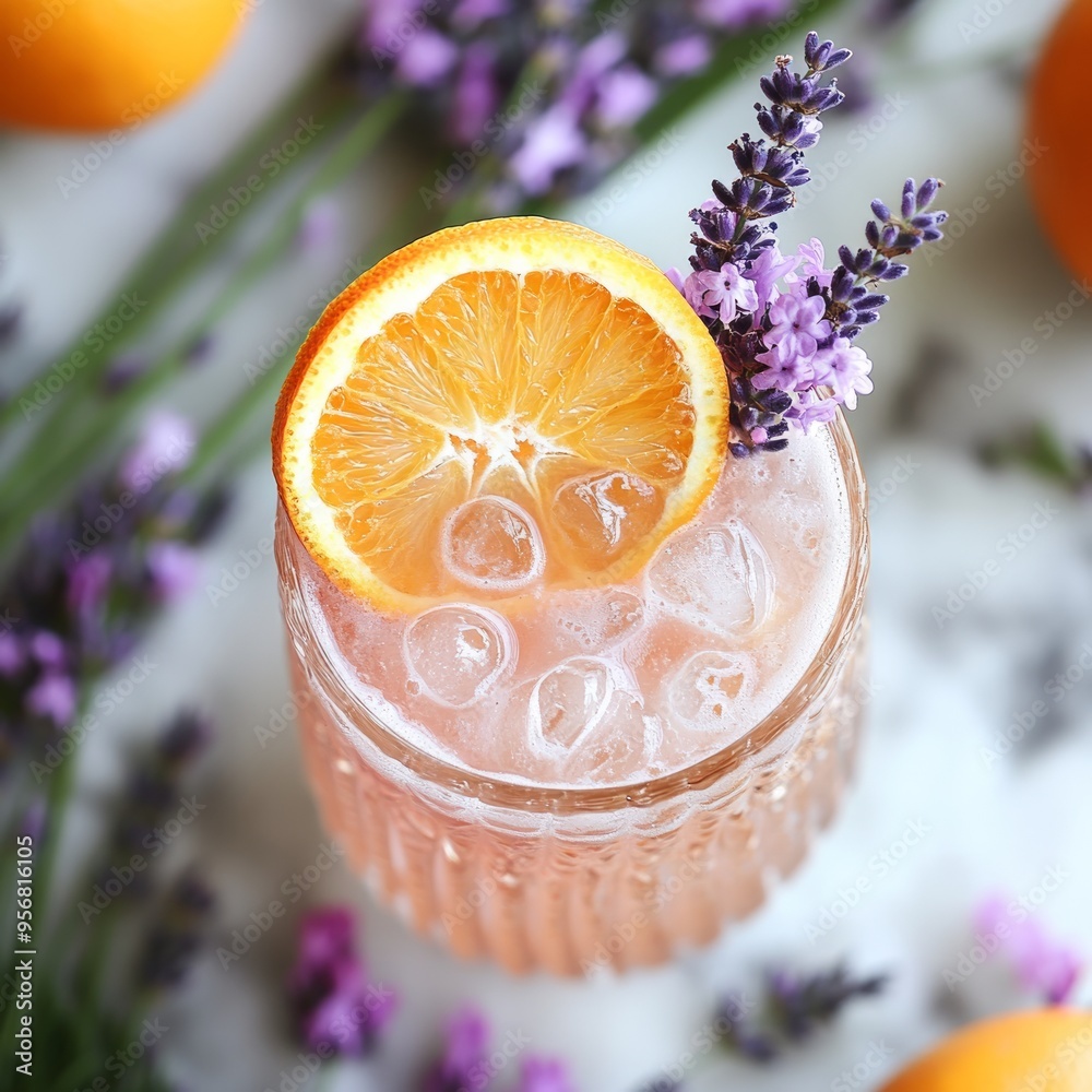 Wall mural Refreshing pink drink with orange slice and lavender garnish.