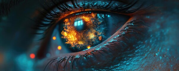 A close-up image of a mesmerizing eye with an illuminated fiery effect, showcasing captivating colors and intricate details.