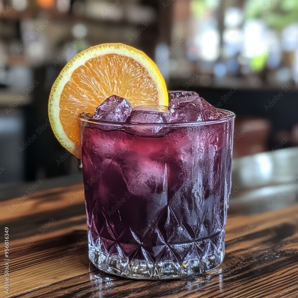 Wall mural Refreshing purple cocktail with orange garnish, served on a wooden table.